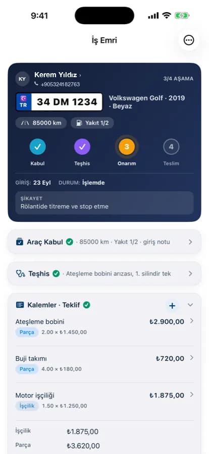 Garajiz iş emri detay ekranı