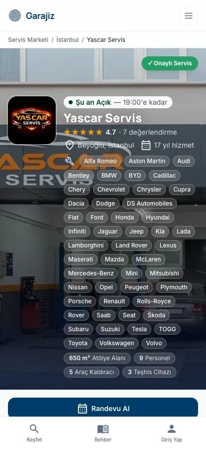 Yascar Servis Garajiz vitrini, mobil görünüm