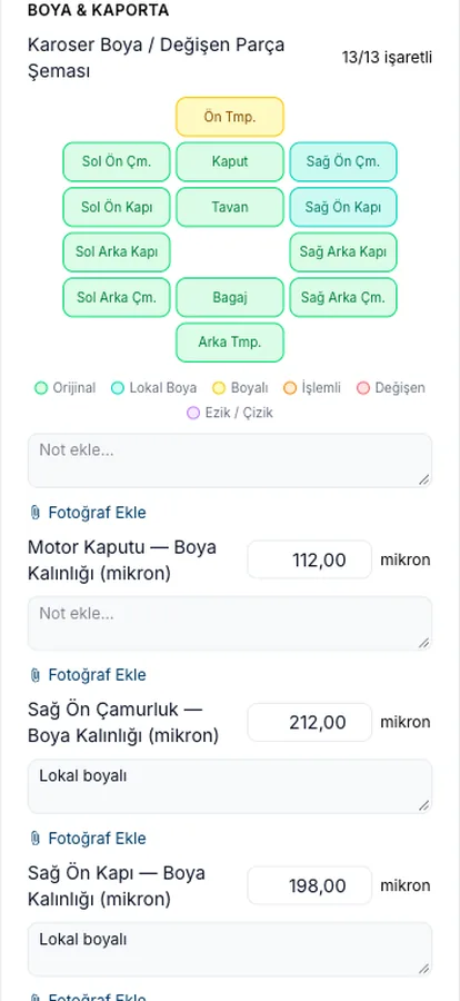 Oto ekspertiz programında boya kaporta şeması ve boya kalınlığı ölçümü