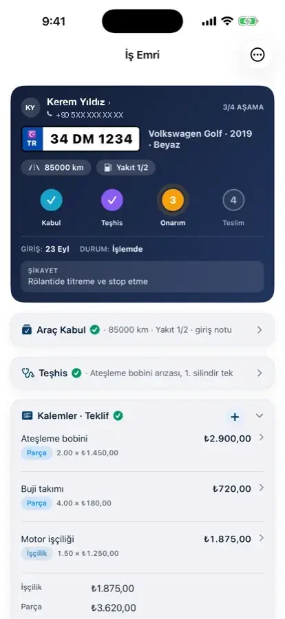 İş emri programında iş emri detayı: aşamalar ve kalemler