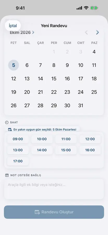 Randevu ekranı: gün ve uygun saatler