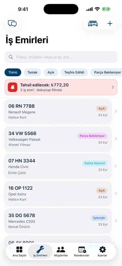 Servis takip programında iş emirleri listesi ve aşamaları
