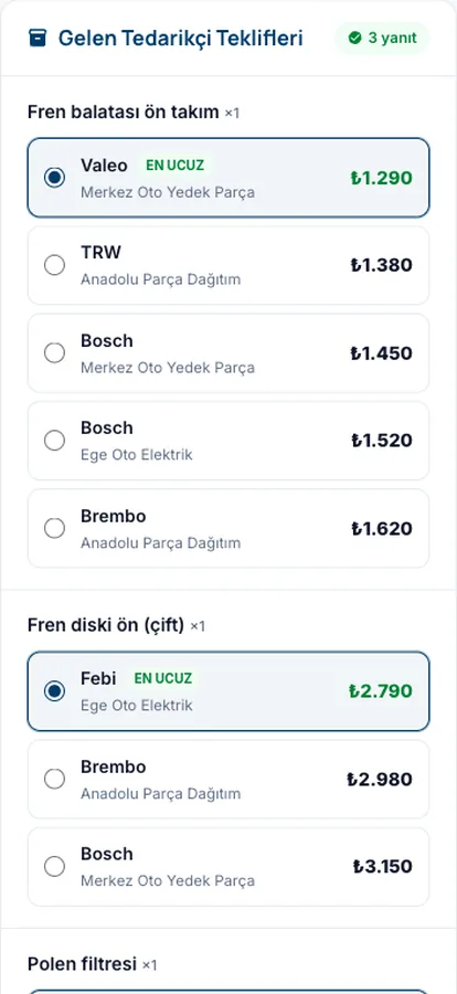 Yedek parça fiyat karşılaştırma: tedarikçi teklifleri marka ve fiyata göre, en ucuz seçili