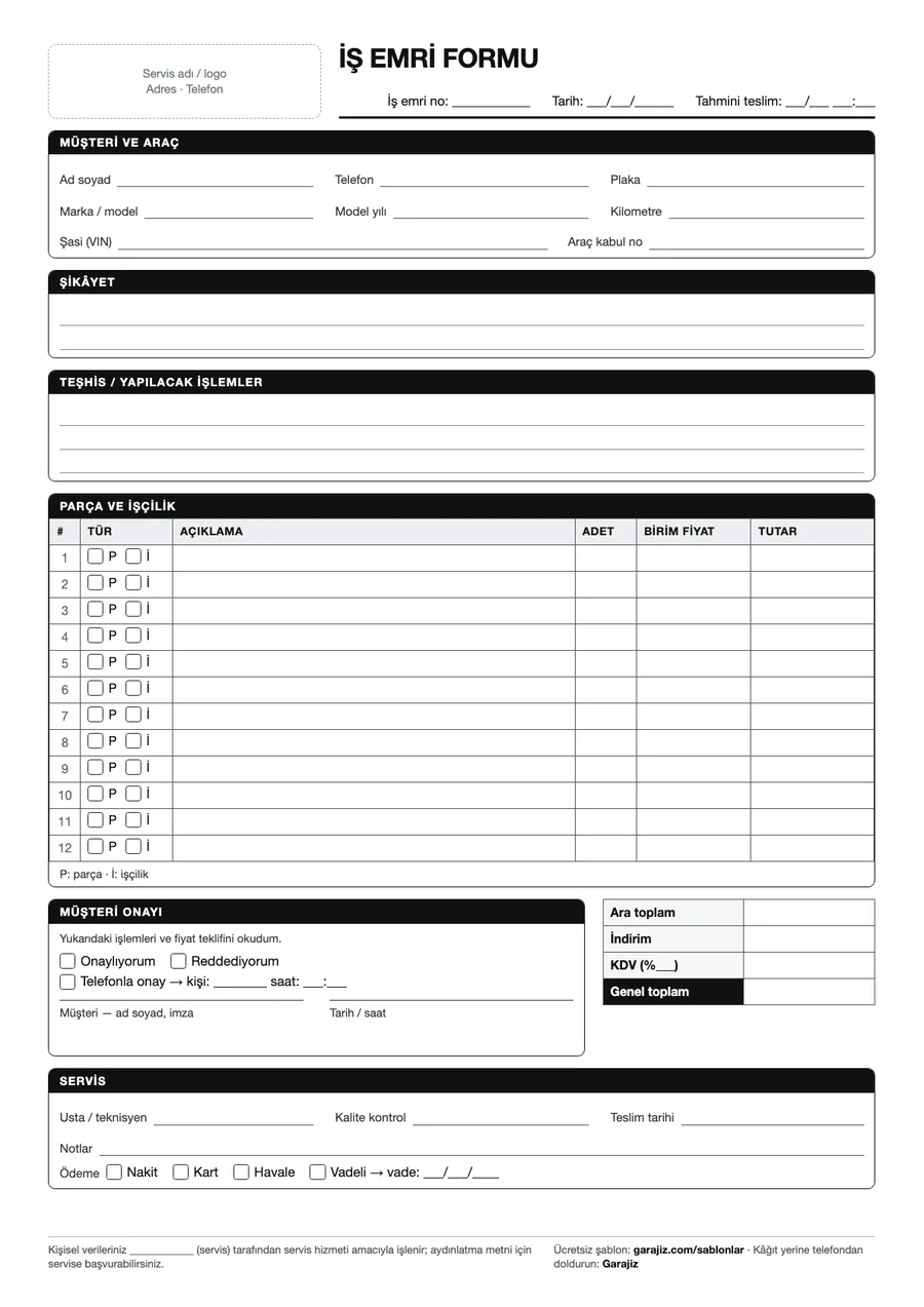 İş emri formu önizlemesi: A4 tek sayfa form